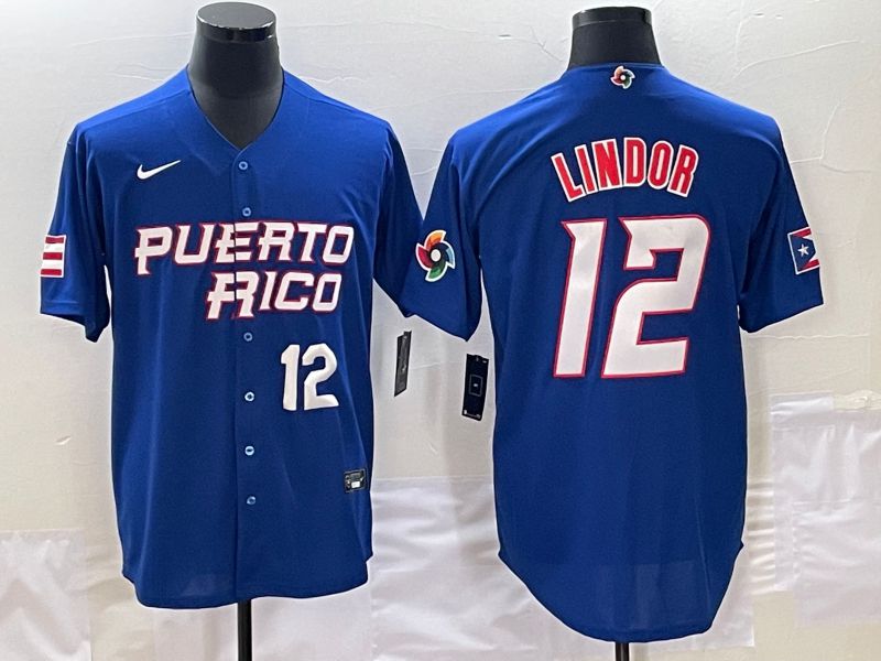Men 2023 World Cub Puerto Rico 12 Lindor Blue Nike MLB Jersey2